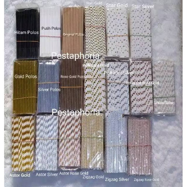 Paper Straw/Sedotan Kertas Gold/Silver/Rose Gold Polos Polkadot Astor Chevron