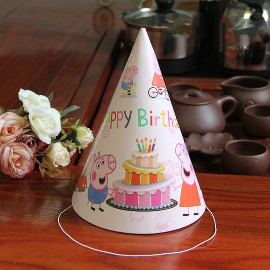 ( isi 10 pcs ) Party Hat / Topi Pesta Ulang Tahun / Ultah Peppa Pig Tulisan Happy Birthday