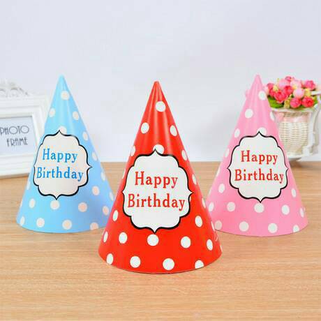 ( isi 10 pcs ) Party Hat / Topi Pesta Ulang Tahun / Ultah Polkadot Tulisan Happy Birthday