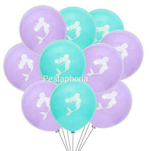 Set isi 10 Balon Latex Mermaid Size 10 inch dan Banner HBD Happy Birthday Mermaid Tail