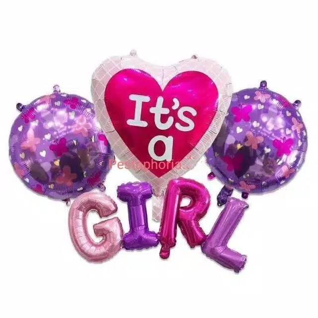 Set Balon Foil Hati Tulisan It's A, Bulat dan Huruf Latin Girl
