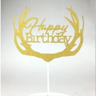 Cake Topper /Topper Kue HBD /Happy Birthday Huruf Besar, Latin Lurus, Pita, Swirly, Antlers Warna Gold Silver