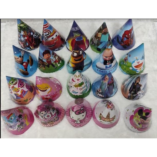 ( isi 10 pcs ) Party Hat / Topi Pesta Ulang Tahun / Ultah Karakter / Kartun Model Kerucut