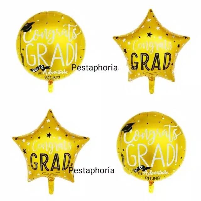 Balon Foil Graduation / Wisuda Congrats Grad Warna Gold Size 45 cm