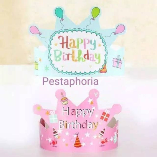( isi 10 pcs ) Party Hat / Topi Pesta Ulang Tahun / Ultah Motif Balon & Cake Mahkota / Crown
