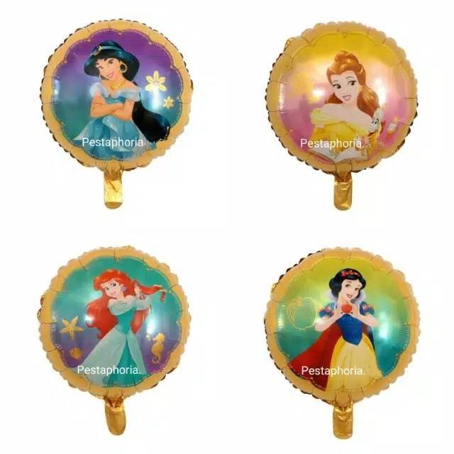 Balon Foil Princess Bulat Rapunzel,Belle,Cinderella,Aurora,Ariel,Jasmine,Snow White Size 45cm