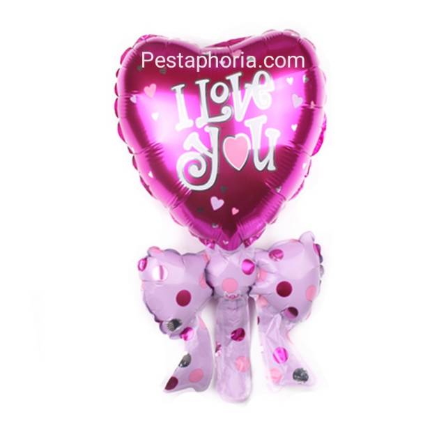 Balon Foil Buket Hati Pita Tulisan I Love Size Mini Warna Pink