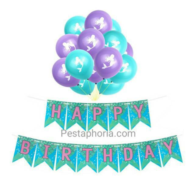 Set isi 10 Balon Latex Mermaid Size 10 inch dan Banner HBD Happy Birthday Mermaid Tail