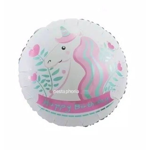 Balon Foil HBD Bulat Happy Birthday Unicorn Head Flower Size 45 cm