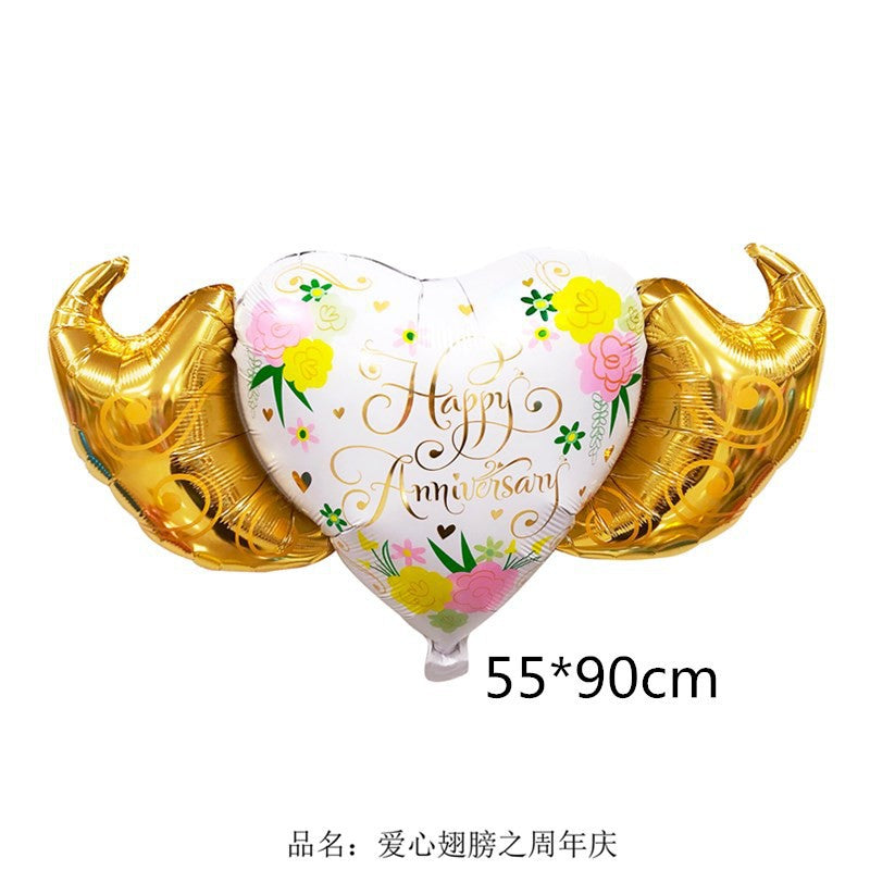 Balon Foil Love Wings/Hati Sayap Happy Anniversary Putih Gold