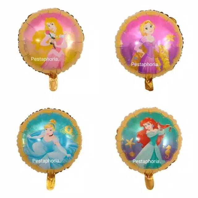 Balon Foil Princess Bulat Rapunzel,Belle,Cinderella,Aurora,Ariel,Jasmine,Snow White Size 45cm