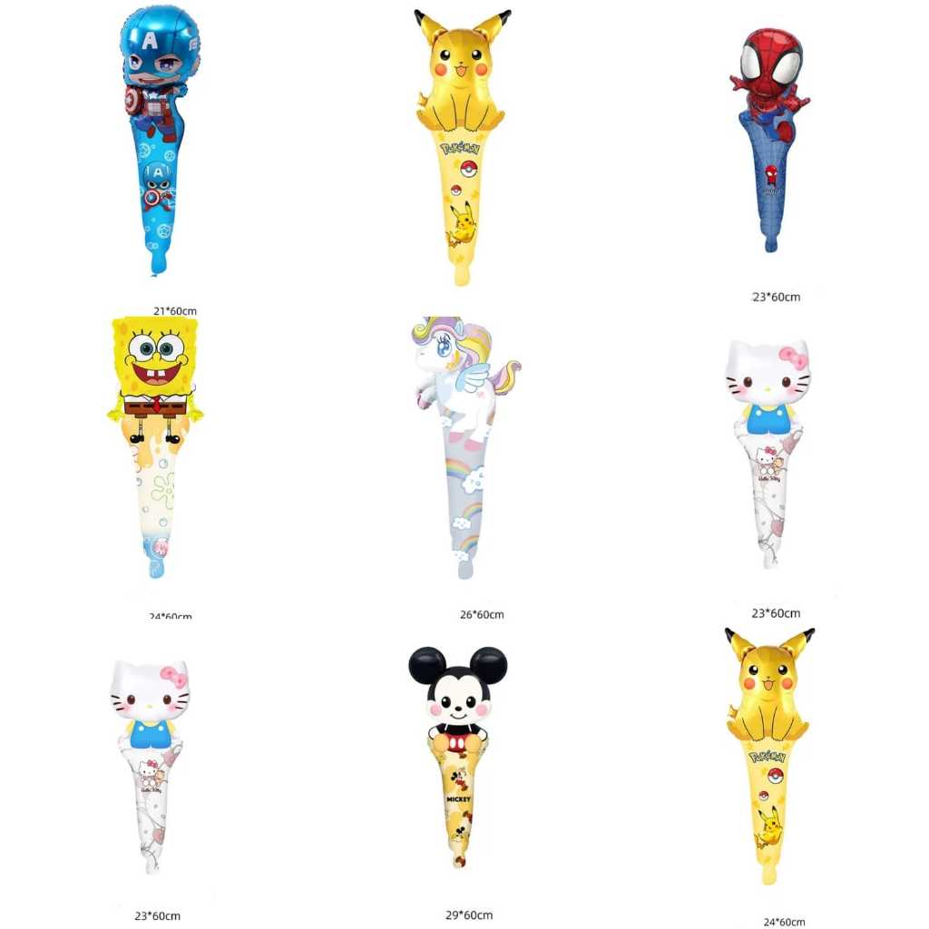 Balon Foil Pentung Panjang Mickey Unicorn Spiderman Spongebob Hello Kitty Pikachu Captain America