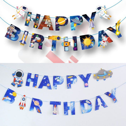 Bunting Flag / Banner HBD Happy Birthday Astronot / Rocket / UFO Model Huruf