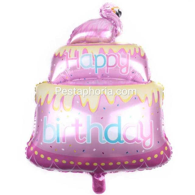 Balon Foil HBD Happy Birthday Cake Flamingo Size 80 cm