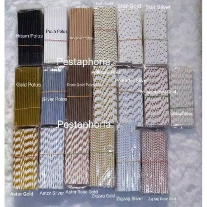Paper Straw/Sedotan Kertas Gold/Silver/Rose Gold Polos Polkadot Astor Chevron