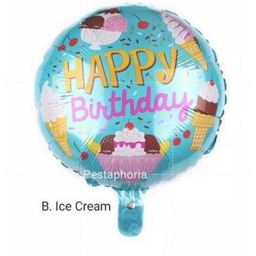 Balon Foil Bulat HBD Happy Birthday Shark/Ice Cream/Candy/Cake/Carousel/Dog/Turtle Size 45 cm