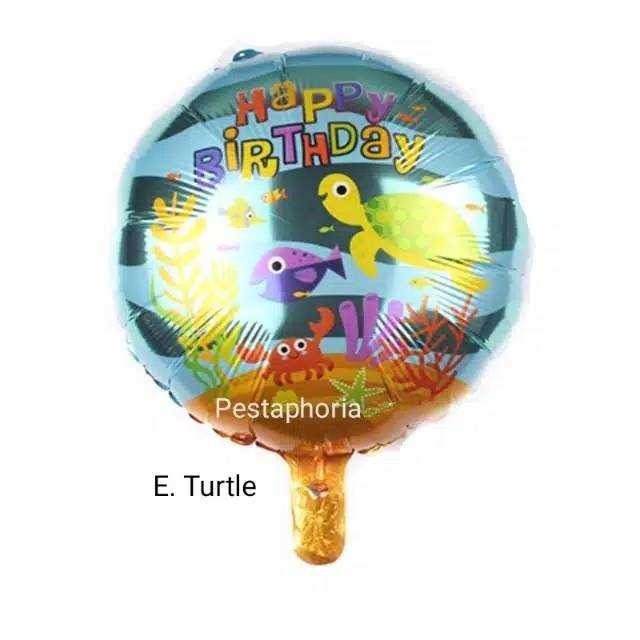 Balon Foil Bulat HBD Happy Birthday Shark/Ice Cream/Candy/Cake/Carousel/Dog/Turtle Size 45 cm
