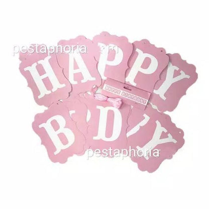 Bunting Flag / Banner Happy Birthday HBD Perisai Warna Pink