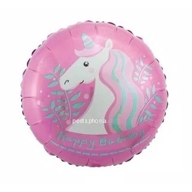 Balon Foil HBD Bulat Happy Birthday Unicorn Head Flower Size 45 cm