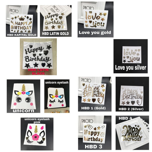 Stiker Bobo Balon PVC ukuran 12 x 12 cm / Balloon Sticker Tulisan Happy Birthday / Love You / Unicorn