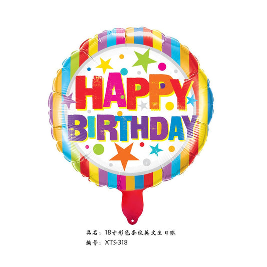 Balon Foil Bulat HBD Happy Birthday Colorful Stripes & Stars Size 45 cm