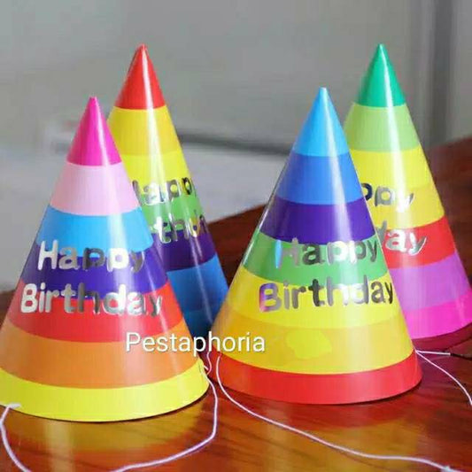 ( isi 12 pcs ) Party Hat / Topi Pesta Ulang Tahun / Ultah Motif Rainbow Stripe Lebar Tulisan Happy Birthday