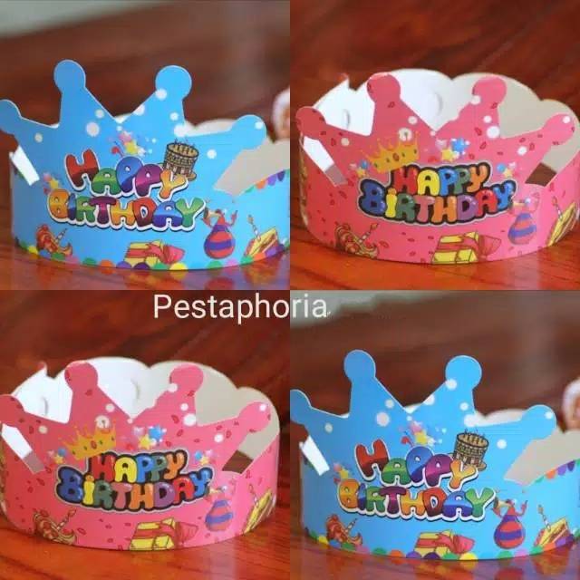 ( isi 10 pcs ) Party Hat / Topi Pesta Ulang Tahun / Ultah Motif Mahkota/Crown & Cake Lilin