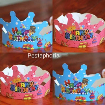 ( isi 10 pcs ) Party Hat / Topi Pesta Ulang Tahun / Ultah Motif Mahkota/Crown & Cake Lilin