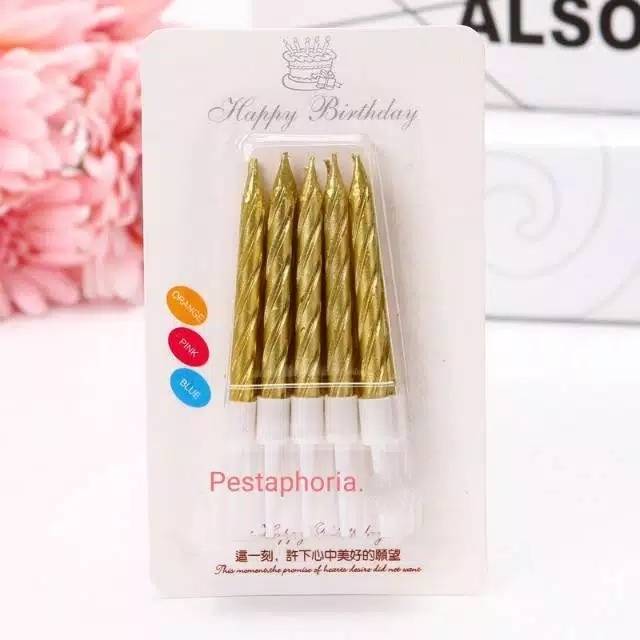 Lilin Ulang Tahun Ulir / Spiral Pendek Gold Silver Pink Champagne Gold  isi 10 pcs