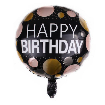 Balon Foil Bulat HBD Happy Birthday Hitam Polka Rose Gold Size 45 cm