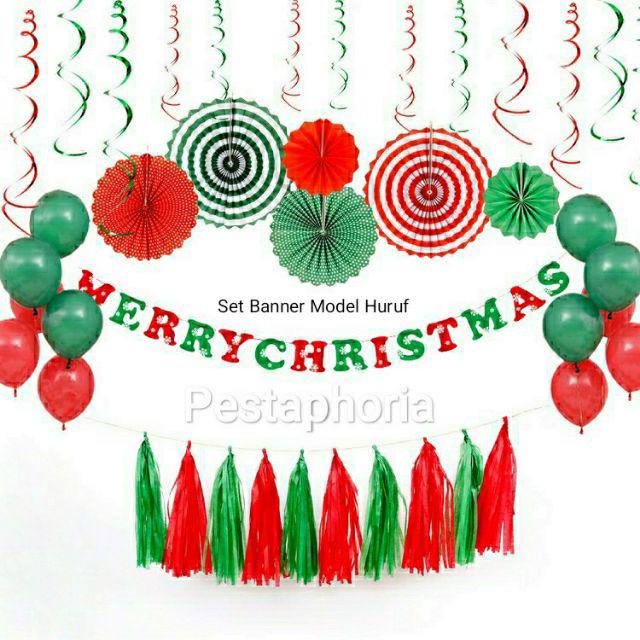 Paket Set Banner Natal/Garland/Paper Fan/Backdrop/Balon/ Dekorasi Natal Merry Christmas Decoration