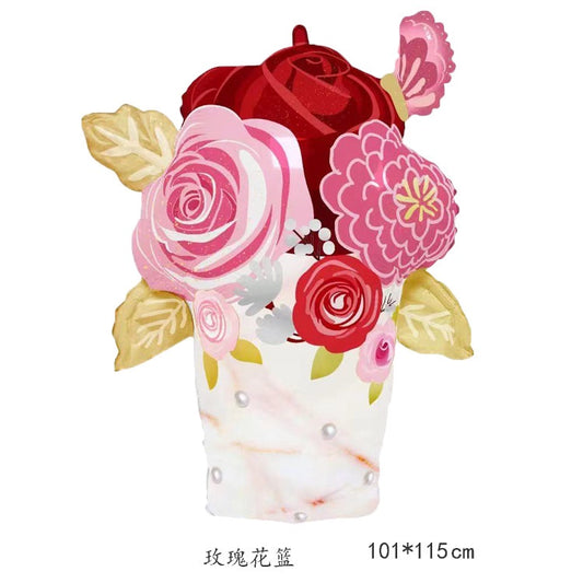 Balon Foil Rose Flower Bouquet / Buket Basket Jumbo Size 115 cm