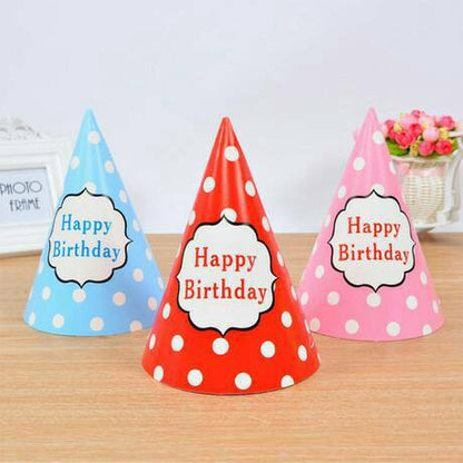 ( isi 10 pcs ) Party Hat / Topi Pesta Ulang Tahun / Ultah  Polkadot Tulisan Happy Birthday