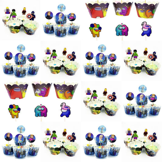 Cake Topper + Cake Wrapper Set isi 12 pcs Frozen II / Among Us / Superhero Lego
