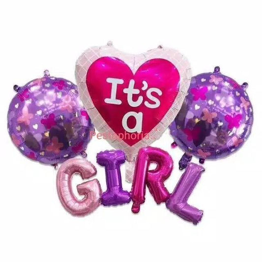 Set Balon Foil Hati Tulisan It's A, Bulat dan Huruf Latin Girl