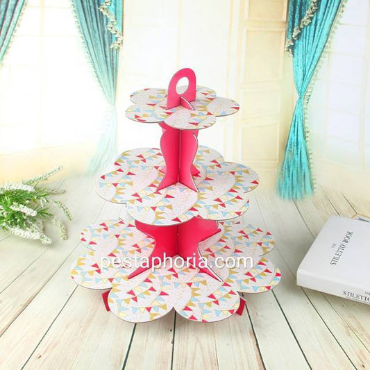 3 Tier Cupcake Stand / Cake Stand Pink Motif Bunting Flags