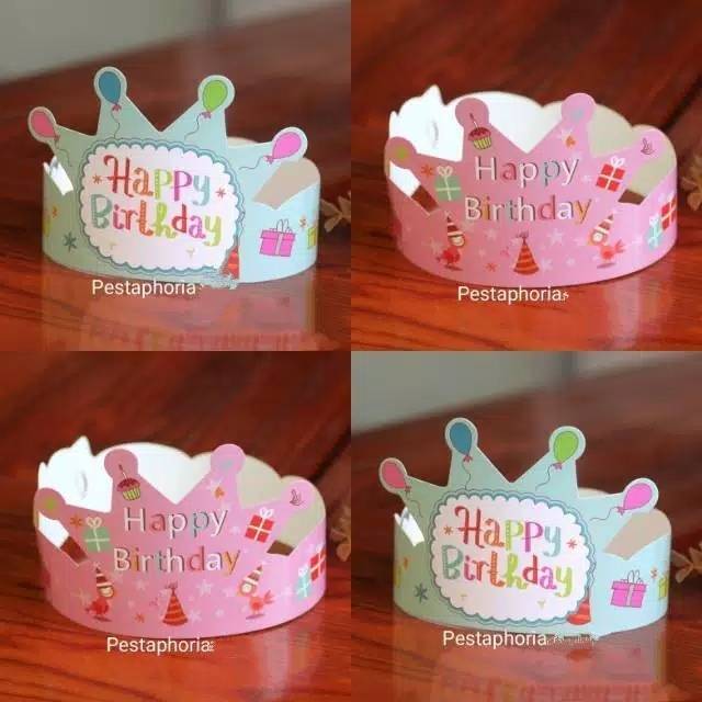 ( isi 10 pcs ) Party Hat / Topi Pesta Ulang Tahun / Ultah Motif Balon &  Cake Mahkota / Crown