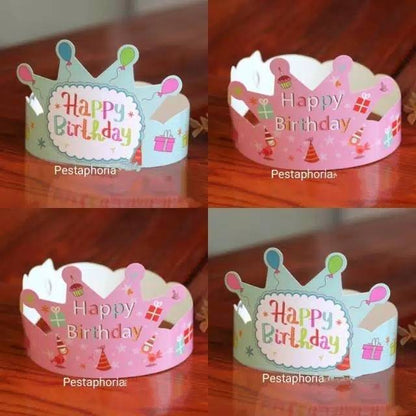 ( isi 10 pcs ) Party Hat / Topi Pesta Ulang Tahun / Ultah Motif Balon &  Cake Mahkota / Crown