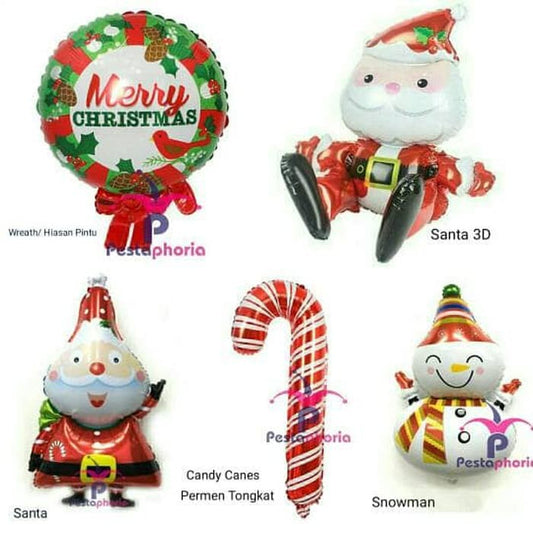 1 Set isi 5 item Balon Foil Natal Christmas Santa, Snowman, Candy Canes, Wreath