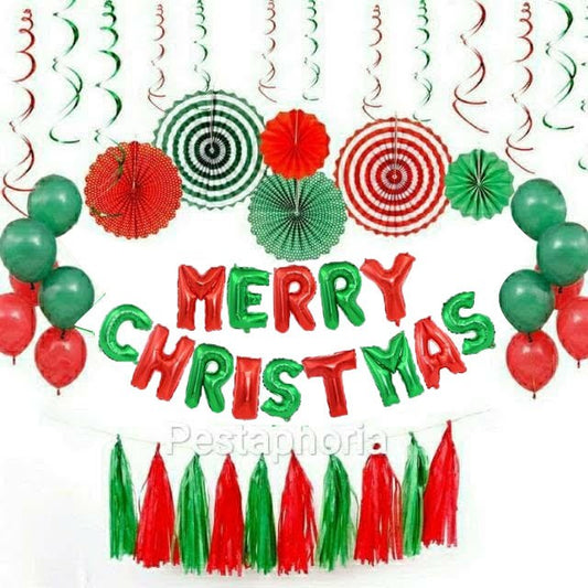 Paket Set Natal/Garland/Paper Fan/Backdrop/Balon/ Dekorasi Natal Merry Christmas Decoration