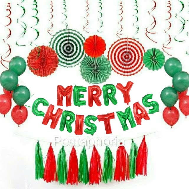 Paket Set Natal/Garland/Paper Fan/Backdrop/Balon/ Dekorasi Natal Merry Christmas Decoration