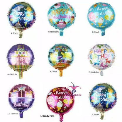 Balon Foil Bulat HBD Happy Birthday Shark/Ice Cream/Candy/Cake/Carousel/Dog/Turtle Size 45 cm