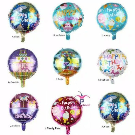 Balon Foil Bulat HBD Happy Birthday Shark/Ice Cream/Candy/Cake/Carousel/Dog/Turtle Size 45 cm