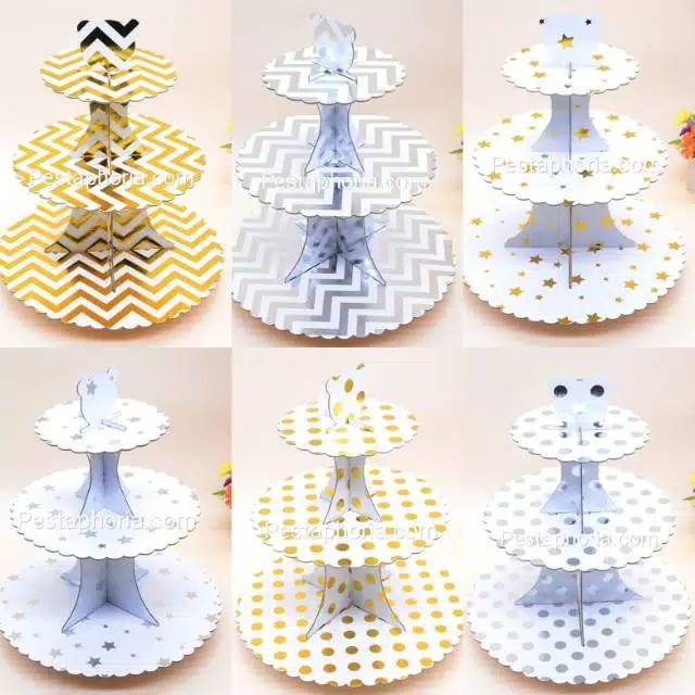 3 Tier Cupcake Stand / Cake Stand Gold Silver Polkadot Zigzag Star