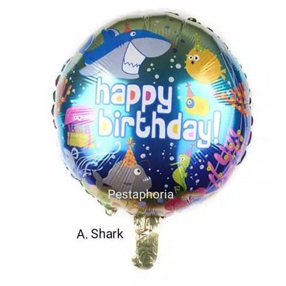 Balon Foil Bulat HBD Happy Birthday Shark/Ice Cream/Candy/Cake/Carousel/Dog/Turtle Size 45 cm