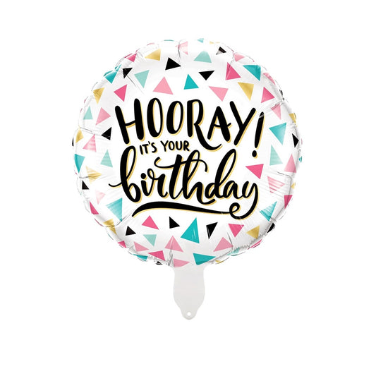 Balon Foil Bulat Confetti Segitiga Hooray It's Your Birthday Size 45 cm