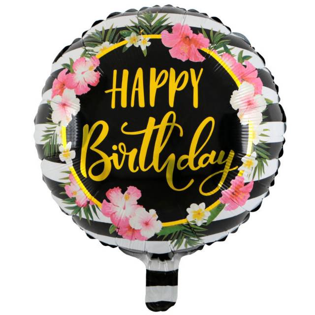 Balon Foil HBD Bulat Happy Birthday Flower Black Stripe