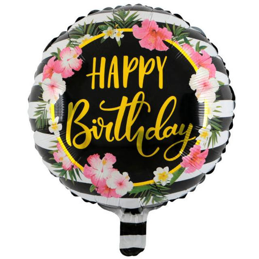 Balon Foil HBD Bulat Happy Birthday Flower Black Stripe
