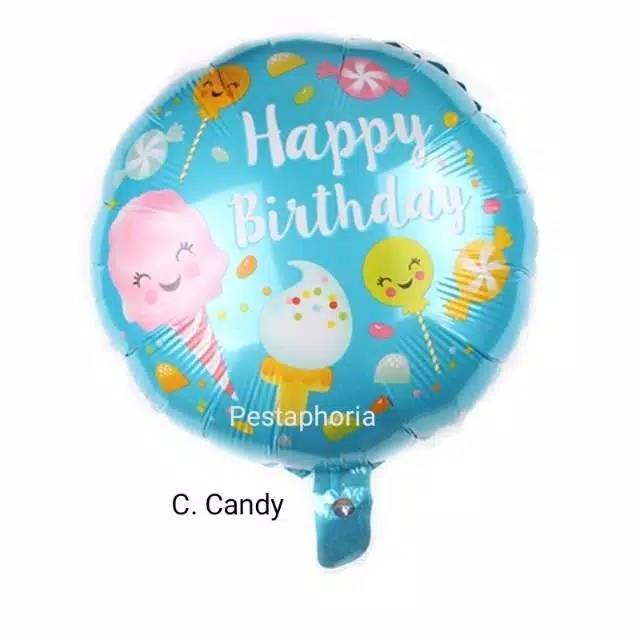 Balon Foil Bulat HBD Happy Birthday Shark/Ice Cream/Candy/Cake/Carousel/Dog/Turtle Size 45 cm