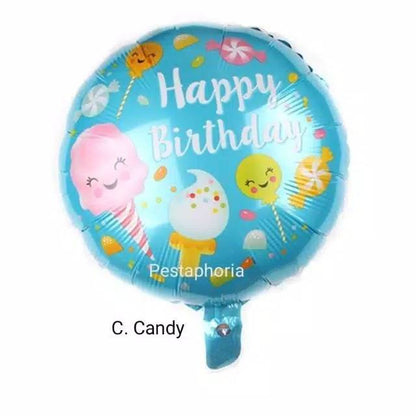 Balon Foil Bulat HBD Happy Birthday Shark/Ice Cream/Candy/Cake/Carousel/Dog/Turtle Size 45 cm